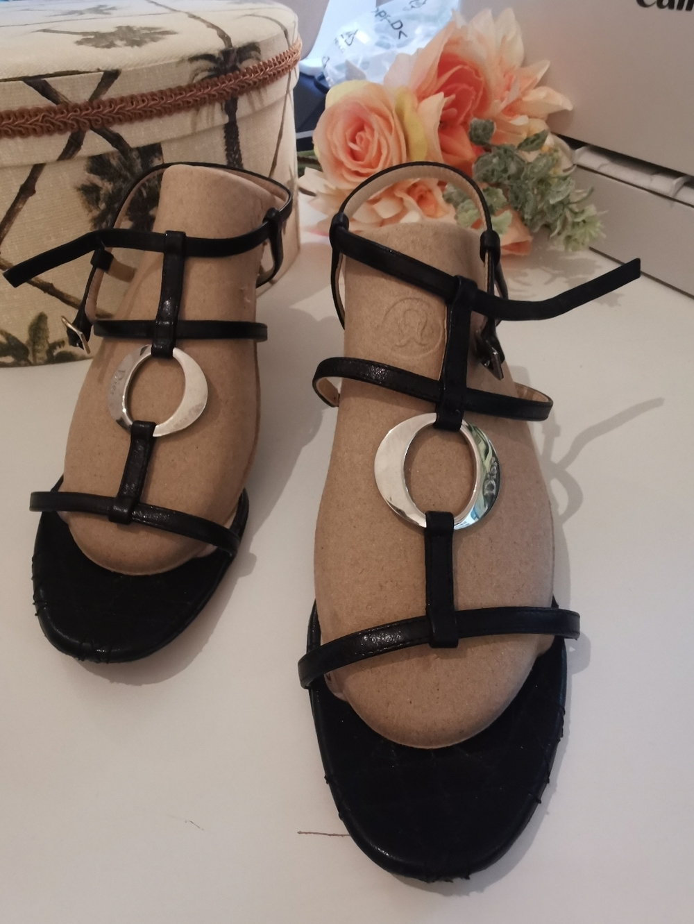 Vintage Christian Dior S7 Black Ring Sandals Gladiator Slightly Heeled Silver